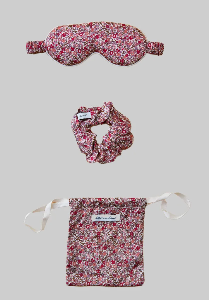 Ella Eye Mask Scrunchie Aster Patchwork Print Set In Pink - One Size - Lily and Lionel London Limited - FashionsVida