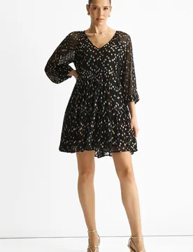 Women's Black Multicolored Spot Viscose Clipped Jacquard Mini Tiered Dress Size: 12 - Black - Size: 12 - Gini London - FashionsVida