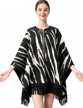Retro Fringed Leather Collar Patchwork Knitted Sweater Coat For Women Leopard Printed Shawl Cape Outerwear Long Poncho Cloak - Aliexpress - FashionsVida