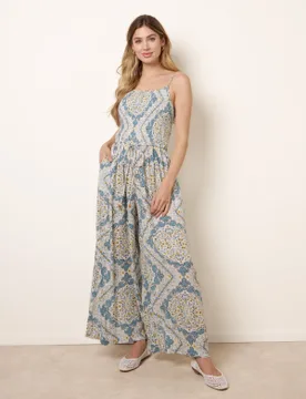 Shirred Drawstring Jumpsuit - L / BLUE PATTERN - female - Blue Vanilla - FashionsVida