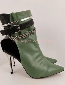 Green Metal Chain Cutout Back Pointed Toe Short Boots Women Pointed Toe Stiletto Ankle Boots Fashion Trendy Party Club Shoes New - Aliexpress - FashionsVida