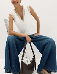 Satin V-Neck Lace Insert Cami Top Ivory female