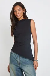 Womens Tall Marl Ruched Asymmetric Top - Black - Size 16 Uk