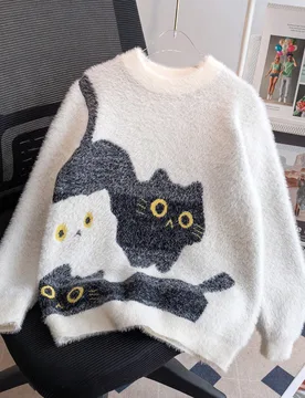 Suéter de punto con estampado de gato de peluche sintético para niñas, adecuado para uso casual diario, primavera/otoño/invierno - Shein - FashionsVida