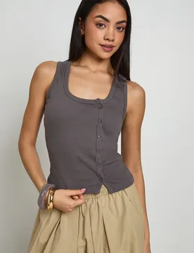 Womens Asymmetric Button Detail Rib Vest Top - Charcoal Cotton - Size 16 Uk - Boohoo - FashionsVida