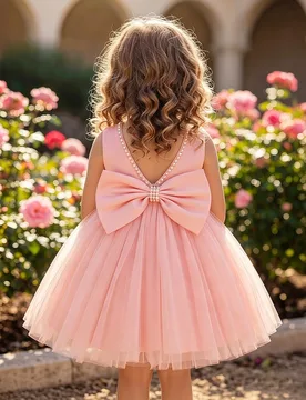 Vestido de princesa de alta gama sin espalda con lazo desmontable de perlas, vestido formal de gala de tul para niña de las flores en bodas - Shein - FashionsVida