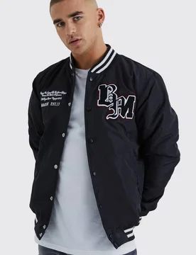 Men's Nylon Varsity Jacket With Badges Black Size Medium Black M - boohooMAN - FashionsVida