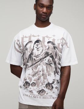 Herren Weißes Übergroßes Gothic-T-Shirt Mit Naht-übergreifendem Print Für Große Größen White Größe Large