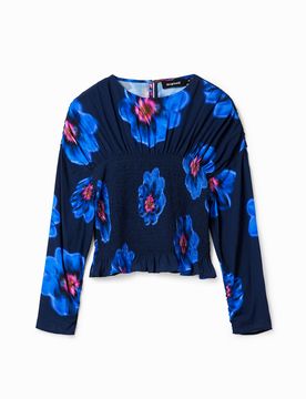 Blouse froncée fleurs, Viscose, Bleu, XS
