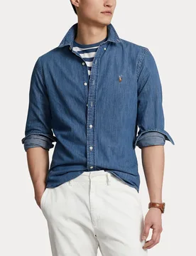 Camicia Polo in denim slim-fit con collo button down - Ralph Lauren - FashionsVida