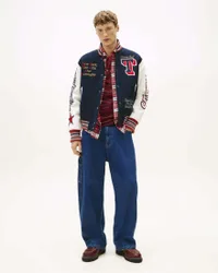 Giubbino varsity blu e bianco in misto lana con ricami e patch logo