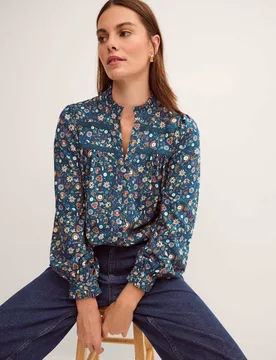 Jersey Ditsy Floral Ruffle Collar Shirt Teal Mix female - Monsoon - FashionsVida