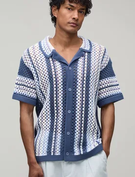 Men's Relaxed Revere Open Stitch Knit Stripe Shirt Blue Size Medium Blue M - boohooMAN - FashionsVida