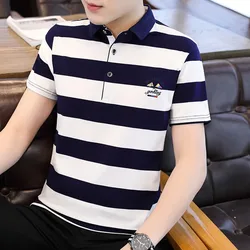 Summer Men's Pullover Button Turn-down Collar Striped Letter Embroidered Short Sleeve T-shirt Casual Loose Fitting Formal Tops