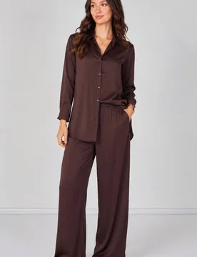 Expresso Satin Shirt & Trousers Co-Ord Set - Brown - Size: 14 - LOVE SUNSHINE - FashionsVida