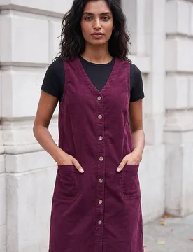 Cotton V-Neck Button Pocket Dress - Red - Size: 14 - Roman - FashionsVida