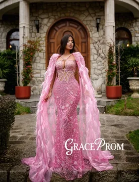 Feathered Pink Crystal Evening Dress Exquisite Cape Sleeve Mermaid Wedding Party Gown Customized Opulent Long Red Carpet Gowns - Aliexpress - FashionsVida