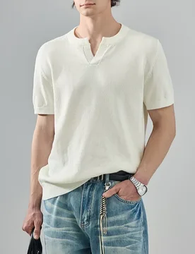 V-neck Knitted Short-sleeved Men's 2026 Summer Old Money Wind Elastic Slim-fitting Simple and Versatile T-shirt Top - Aliexpress - FashionsVida