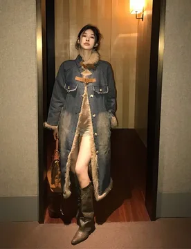 Trend New Autumn Winter Denim Coat Fur Collar Long Trench Coat Vintage Cotton Jacket for Women Warm Y2k Washed Fashion Versatile - Aliexpress - FashionsVida