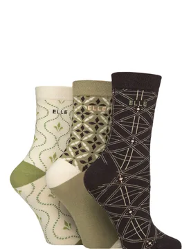 Women's 3 Pair Plain, Striped and Patterned Cotton Socks with Smooth Toes Patterned Forager 4-8 - Multi Coloured - Size: Small - ELLE - FashionsVida