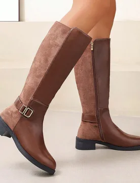 Botas hasta la rodilla de montar planas y estilizadoras con cremallera lateral, de estilo de moda, en color marrón con parches, adecuadas para otoño - Shein - FashionsVida
