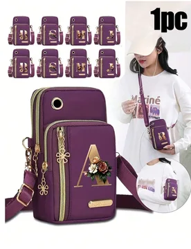 Bolso de hombro casual de moda con estampado de flor de metal y 26 letras A-Z, monedero de tela de nailon, bolso de hombro para teléfono, bolso para - Shein - FashionsVida