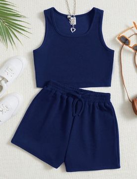 Conjunto informal de top texturizado de punto y shorts para niña preadolescente