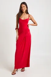 Womens Slinky Ruched Side Maxi Skirt - Red Elastane - Size 12 Uk