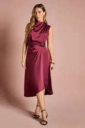 Women's Satin Midi Dress With Twist Waist in Berry Size: 12 - Berry - Size: 12