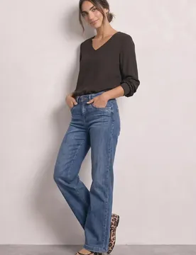 Langarm Shirt mit V-Neck und Strukturmix female Braun