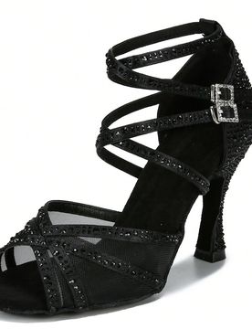 Par de zapatos de baile negros/de danza, zapatos de baile latino de malla, suela blanda, satén, zapatos de tango, jazz y danza moderna, tacón de 9 c