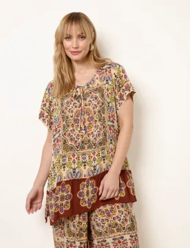 Paisley Print Embellished Tie Front Top - L / MULTI - female - Blue Vanilla - FashionsVida