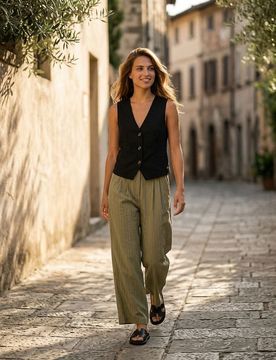Pantaloni wide leg a righe verticali in misto viscosa e lino - multicolor