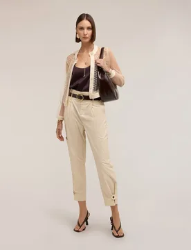 Pantalones de mujer cargo de popelina de algodón talle alto cierre frontal con cremallera - Motivi - FashionsVida