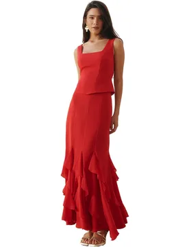 Falda midi de talle alto con volantes asimétricos - MIPHAI - FashionsVida