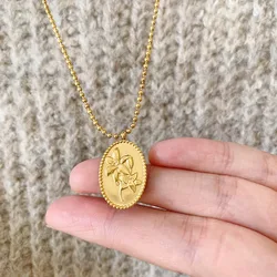 K Gold Plated Vintage Greenish Lily Flower Pendant Necklace Chain Fashion Titanium Stainless Steel Jewelry Woman Accessory