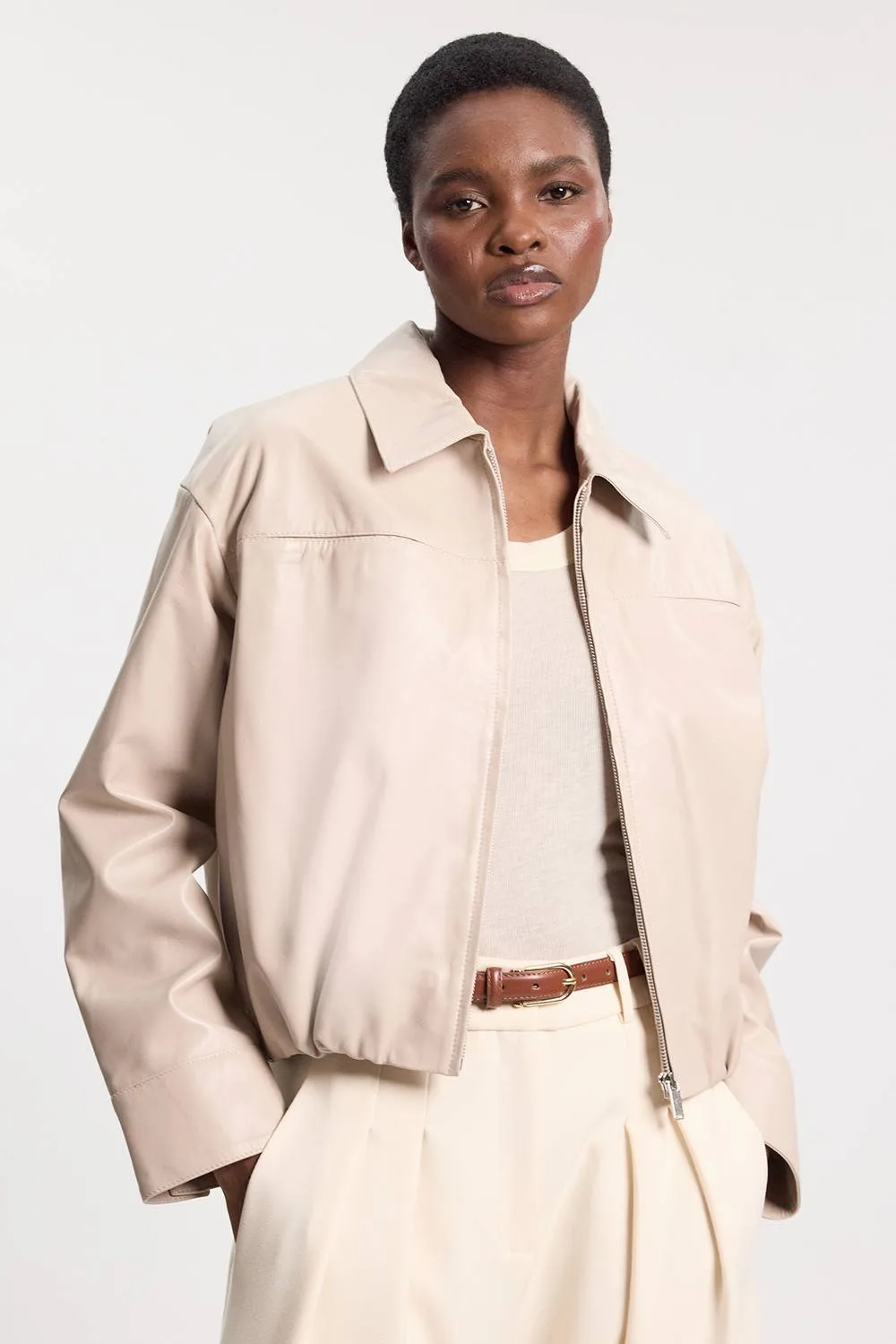 Leather Collared Bomber Jacket - Cream - Size: 6 - Karen millen - FashionsVida