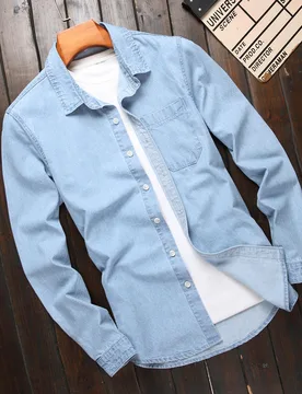 Camisa de trabajo de mezclilla azul claro de manga larga con botones y bolsillo parche de algodón para hombres, sin camiseta, para salir, trabajo, ir - Shein - FashionsVida