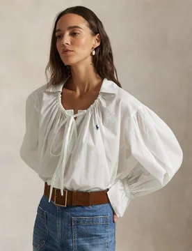 Blusa de mujer de popelina de algodón con lazo - Polo Ralph Lauren - FashionsVida