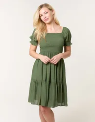 Shirred Puff Sleeve Mini Dress - M / KHAKI - female
