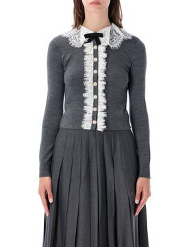 Chic Button-Front Sweater with Bow Motif - Size S