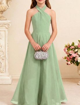 Vestido largo elegante de halter verde para niñas preadolescentes, vestido de dama de honor para boda, fiesta y ocasiones formales, vestido de niña