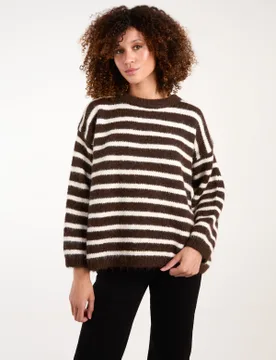 Soft Knit Round Neck Stripe Jumper - ONE / CHOCOLATE - female - Blue Vanilla - FashionsVida