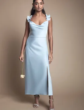 Women's Ruffle Shoulder Detail Satin Bridesmaid Midi Dress in Light Blue Size: 14 - Light Blue - Size: 14 - OASIS - FashionsVida