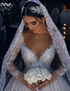 Modest O-neck Long Sleeve Bride Dress Sparkly Sequins Wedding Gown Dubai Luxury Ball Gown Bride Robe Customized Vestido De Novia - Aliexpress - FashionsVida