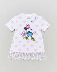 Abito copricostume bianco in cotone a maniche corte con frange e stampa Minnie con cuori rosa all-over