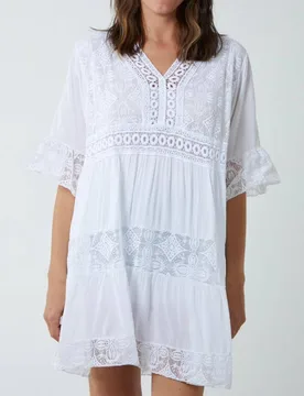 Oversized 3/4 Sleeves Lace Detailed V Neck Mini Dress - White - Size: One Size - HOXTON GAL - FashionsVida