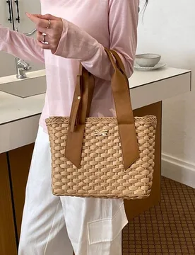Women's Summer Woven Straw Handbag & Metallic Accent in Brown - Brown - Size: One Size - PEACH ACCESSORIES - FashionsVida