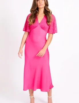 Women's Pink Lace Satin Midi Dress Size: 16 - Pink - Size: 16 - Little mistress - FashionsVida