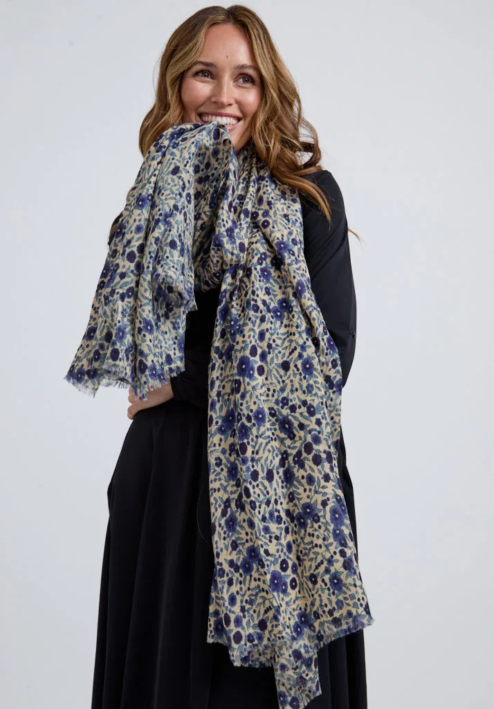 Karen Oversized Aster Floral Scarf In Blue - One Size - Lily and Lionel London Limited - FashionsVida